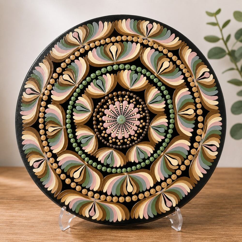 Hand Painted 18" Mandala Dot Art Round Wall Decor Boho Sage Pink Gold